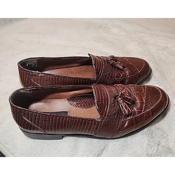 Stacy Adams Mens Shoes Genuine Snakeskin Dress Loafers Tassel Slip Ons Cognac 10